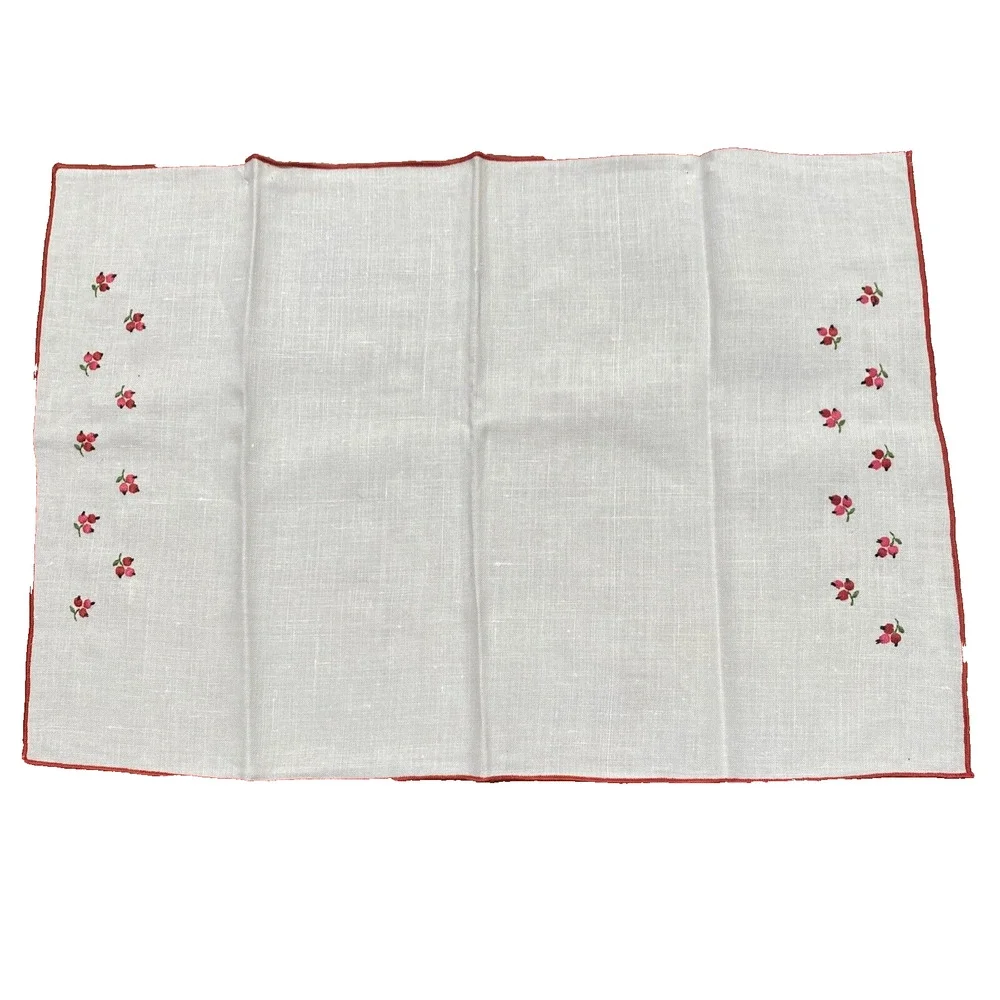 Vintage Set of Cloth Luncheon Placemats (4) Red & Pink Floral Embroidery Details